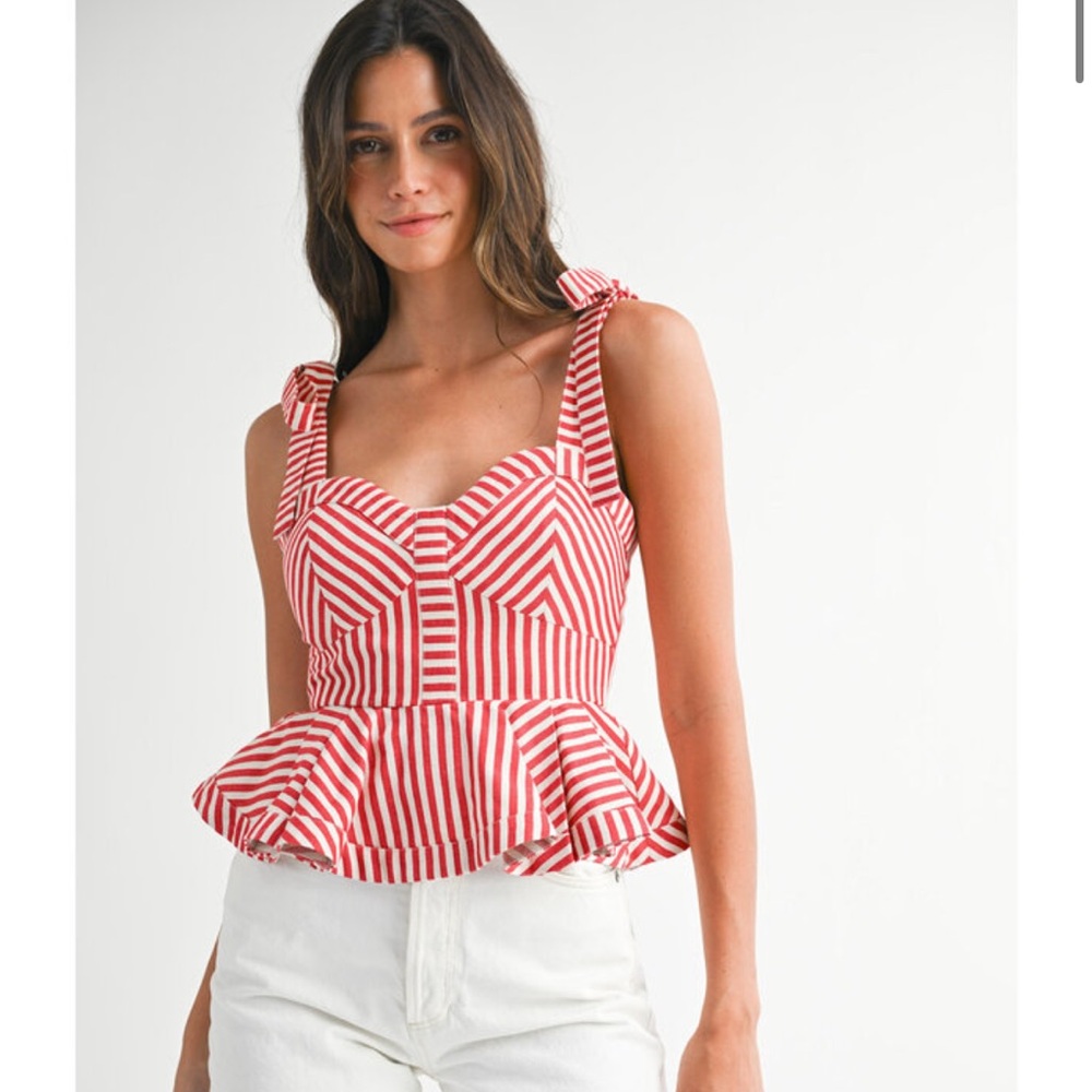 Red & White Striped Tie-Shoulder Peplum Tank Top